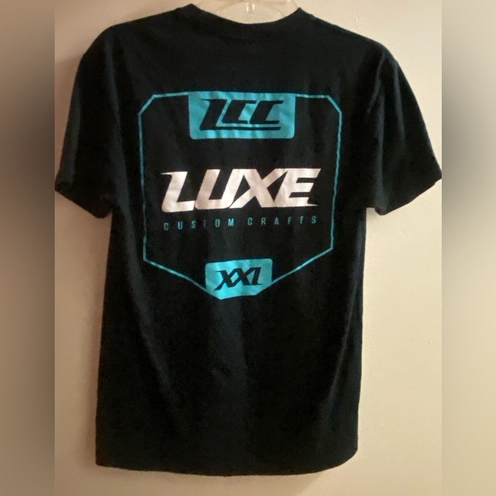 Men’s T Shirt Luxe Custom Crafts S Small Black Blue Graphic Chest 36” Next Lev
